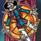 Text: "OPFERROLLE"; Illustration eines traurigen Clowns auf einer Zielscheibe mit Schwertern. Im Hintergrund sind rote Vorhänge.