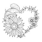Illustration eines herzförmigen Blumengeflechts mit großer Sonnenblume und kleineren Blüten rechts.