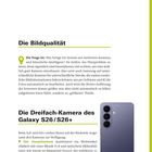 Textpassage über Bildqualität und Kamerasystem eines Galaxy S26/S26+. Rechts ist ein Smartphone mit drei Kameras zu sehen.