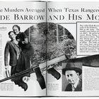 Titel: "Twelve Murders Avenged When Texas Rangers Kill Clyde Barrow and His Moll". Bild von zwei Personen, großes Gewehr sichtbar.