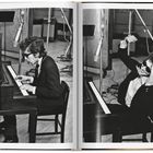 Zwei Schwarz-Weiß-Fotos zeigen eine Person im Anzug, am Klavier mit Mundharmonika, emotional spielend.
