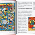 Links: „Donald Duck's Birthday Number“ und „Mickey Mouse Weekly“ oben, „A Happy Birthday“ unten. Rechts: Text über Merchandise.