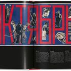 Text: „OKTYABR, Oktober...“ Illustration: Rote Buchstaben auf blauem Hintergrund, viele Figuren in Bewegung.