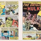 Zwei Seiten Comic. Rechts oben: "The Origin of the Hulk!". Panels zeigen Hulk in Aktion, diskutierend und in Konflikt.
