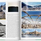 Text: "between the main roof beams...it is almost lost."  
Links Landschaftsfotos, rechts Gebäude-Renderings im Schnee.