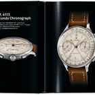 Links: "Rolex Ref. 4113 Split-Seconds Chronograph", Details zur Uhr. Rechts: Abbildung der Uhr mit braunem Lederarmband.