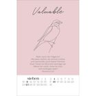 "Valuable" oben, Bibelzitat unten: Matthäus 6,26, Minimalistische Vogelillustration auf rosa Hintergrund, Kalender für Juli.