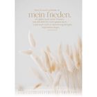 Text: "Was ich euch schenke, ist mein frieden. Ich gebe euch einen Frieden, wie die Welt ihn nicht geben kann. Lasst euch nicht in Verwirrung bringen, habt keine Angst. Johannes 14,27." Unten: Monatskalender "sieben". Beiger Hintergrund mit zarten Gräsern.