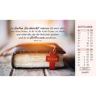 Text: „Zur Guten Nachricht bekenne ich mich... Vertrauen annehmen. Römer 1,16.“ Kalender für September. Rotes Jesus-Kreuz liegt auf einer Bibel.