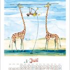 "Juli" in rot, darunter ein Kalenderblatt. Illustration: Zwei Giraffen, Mensch schwingt an Seil dazwischen.