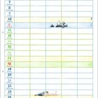 Kalender für Juli mit Wochentagen in Deutsch. Oben Illustrationen von Tieren. Unten eine Robbe und ein Mensch am Strand.