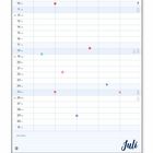 "Name", "Juli", "Notizen", "ZETTELWIRTSCHAFT" auf blauem Hintergrund. Darstellung eines Kalenders mit Tagen und Symbolen.