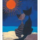 Juli: Zwei Katzen sitzen vor blauem Hintergrund. Ein großer, orangefarbener, radiert strahlender Kreis oben.