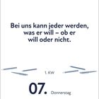 „Bei uns kann jeder werden, was er will – ob er will oder nicht.“ Darunter steht: „1. KW“, „07. Donnerstag“, „Januar“. Einige Stifte sind abgebildet.