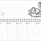 „März“, Kalendertage für März 2027. Illustration: Katze versucht, schlafenden Hund aufzuwecken.