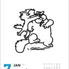 7. JAN, KW1, Donnerstag. Illustration: Katze greift Huhn an. Darunter ein Kalender mit 31 Tagen.