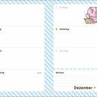 Kalenderwoche: Montag 28, Dienstag 29, Mittwoch 30, Donnerstag 31. Freitag 1, Samstag 2, Sonntag 3. Notizen. Dezember - Januar. Couch mit Katze (Illustration).