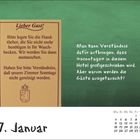 "Lieber Gast! ... Verständnis, daß unsere Zimmer sonntags nicht gereinigt werden." Humorvolle Kalenderseite, 7. Januar.