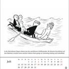 Kalenderblatt im Juli: Illustration zeigt elegant gekleidete Menschen im Ruderboot auf unruhiger See.