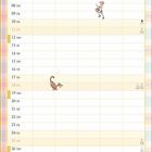 Kalenderseite für Juli mit buntem Karomuster. Illustrationen von Figuren, darunter ein Bär und ein Esel.