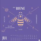 "Die Biene", "Aktivität", "Zusammenhalt", "Die Süße des Lebens genießen", "Fleiß", "JUL"; Illustration einer Biene.