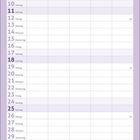 Kalender für Juli mit violettem Rand, eingeteilt in Wochen. Illustration von Lavendel, zwei Cupcakes mit Kronen unten.