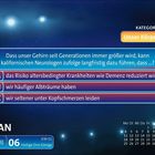Kategorie: Unser Körper. Frage über die Vergrößerung des Gehirns. Optionen: A) Demenzrisiko, B) Albträume, C) Kopfschmerzen. JAN, Mi 6. Kalender.