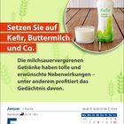 "Setzen Sie auf Kefir, Buttermilch und Co." steht groß auf grünem Hintergrund. Ein Glas und eine Kefir-Flasche sind abgebildet. Darunter der 5. Januar, Dienstag.
