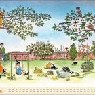 Text: "Juli". Illustration eines Gartens mit Tieren, einem Baumhaus und spielenden Kindern.