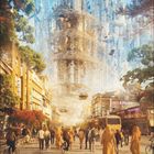 07 - Szene einer belebten futuristischen Stadt, Luftfahrzeuge und riesige Türme im Hintergrund, Menschen gehen und fahren Fahrrad.