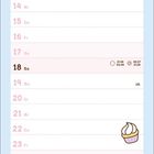 Kalender für Juli. Luftballons neben dem Titel. Fröhliche Illustration von Eis mit einer Katze unten.