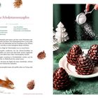 Text: "Süße Schokotannenzapfen". Rezept für Tannenzapfen aus Schokolade und Cornflakes. Rechts Schnee auf Zapfen.