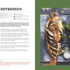 "Kräuter-Rotbarsch: Zubereitung ca. 50 Min, Zutatenliste, Zubereitungsschritte. Rechts knuspriger Fisch mit Gemüse."