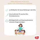 Sprachbildung in der Kita mit 30 Bildkarten und Materialien. Illustration: Lehrerin mit Kindern um einen Tisch. Logo rechts unten.