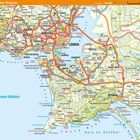 Karte von Lissabon und Umgebung mit Städtenamen, Straßen und dem Atlantischen Ozean. Maßstab: 1:300.000.