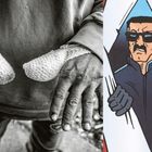 Links zwei bandagierte Hände, rechts eine Illustration eines Mannes mit Sonnenbrille, der durchgebrochene Wand aufreißt.