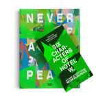 "NEVER AGAIN PEACE" und "SIX CHARACTERS OF HOTEL W." in weiß auf grünen, abstrakten Hintergrund, Buchcover.