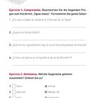 "Test final", zwei Übungen mit Fragen zu einem Kurzkrimi, Begriffe mit ihren Gegenteilen verbinden. Fingerabdruck-Hintergrund.