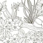 Illustration zeigt detaillierte Pflanzen und eine große Schnecke, umgeben von Blättern und Blumen.