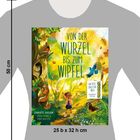 Text „VON DER WURZEL BIS ZUM WIPFEL“. Illustration von Waldtieren und einem Kind in einem leuchtenden Wald.