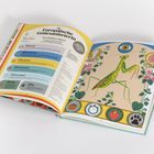 Text: "Die Europäische Gottesanbeterin". Illustration einer Gottesanbeterin mit bunten Pflanzen und Symbolen drumherum.