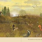 Text: "The animals ran as fast as they could!"  
Illustration von Tieren, die durch eine Landschaft mit Bäumen und Wiesen flüchten.