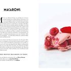 Text: MACARONS. Die drei besten Macarons in Paris. 1. Pierre Hermé, 2. Jean-Paul Hévin, 3. Ladurée. Bild: Macaron mit Himbeeren.