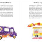 "Mama Hattie's Kitchen" und "The Halal Guys". Links ein lila Foodtruck mit 'Soul Food', rechts ein gelber Imbissstand mit Schirmen.