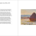 "Grainstack in the Sunlight, Snow Effect, 1891." Gemälde von Claude Monet. Heuhaufen in einer schneebedeckten Landschaft.