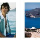 Links ist ein Mann am Meer. Rechts eine Küstenlandschaft mit blauem Wasser und einem Boot.