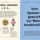 Links: "Verkosten, verkosten 1, 2, 3..." mit Wein-, Essens- und Uhrsymbolen. Rechts: "Vom Speisengewicht zur Weinkombination."