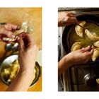 Links: Hände formen Teigtaschen über einer Schüssel. Rechts: Teigtaschen werden in heißem Öl in einer Pfanne frittiert.