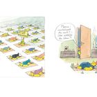 Links: Hühner beim Yoga, eins hält ein Schild "RUNTER MIT DEN KURSGEBÜHREN".  
Rechts: Huhn fragt meditierende Mutter im Raum.