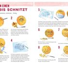 WIE MAN EINEN KÜRBIS SCHNITZT. Aushöhlen, vorzeichnen, schnitzen – fertig. Schritte 1 bis 9. Illustrationen zeigen Kürbisschnitz-Prozess.